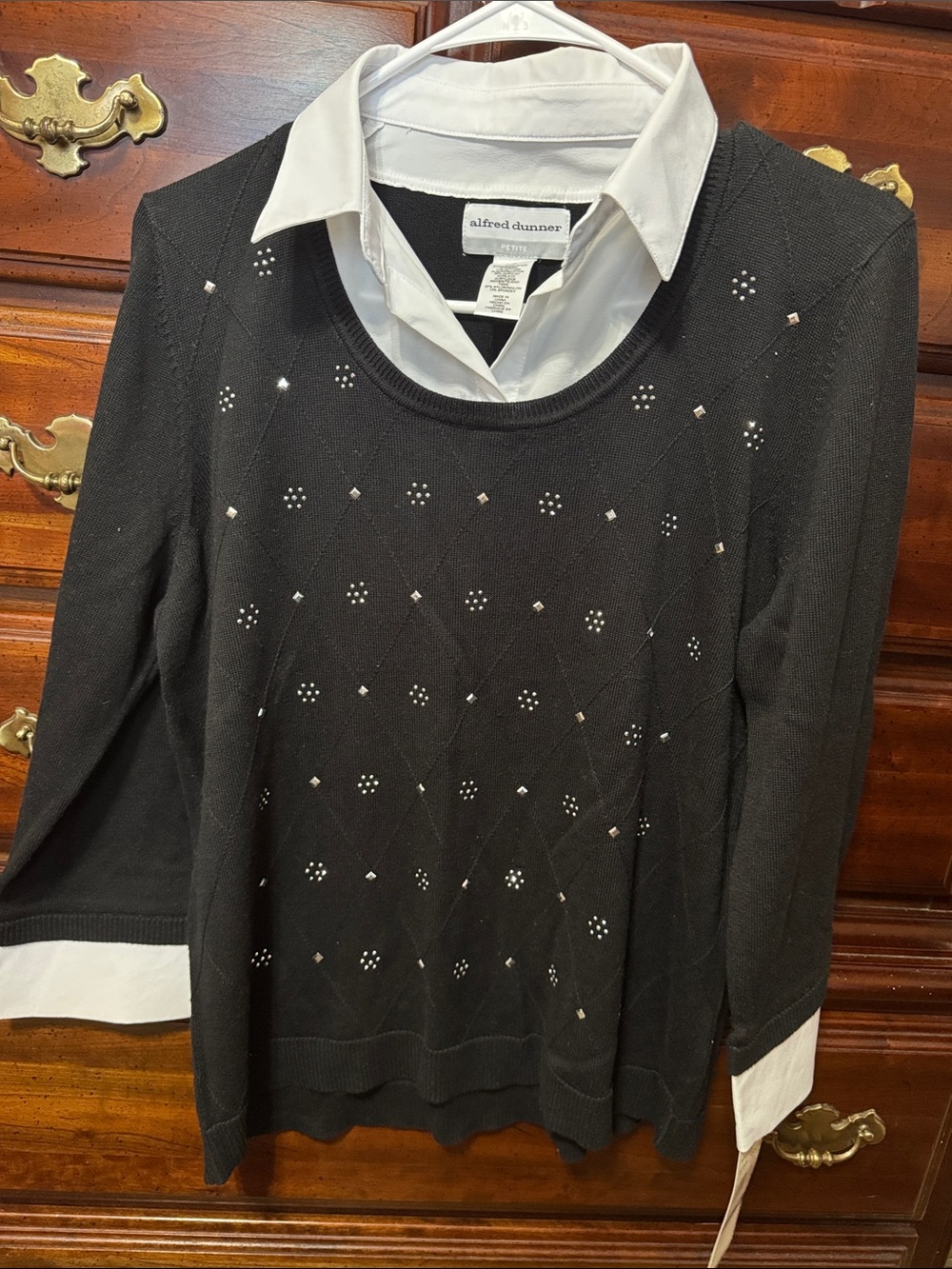 Alfred Dunner Black Sweater with White Faux-Layer Shirt Detail and Rhinestones